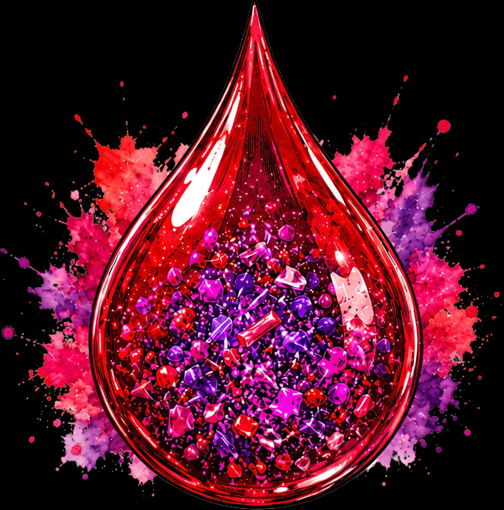 A blood drop illustration filled with fragments of coloured plastic.