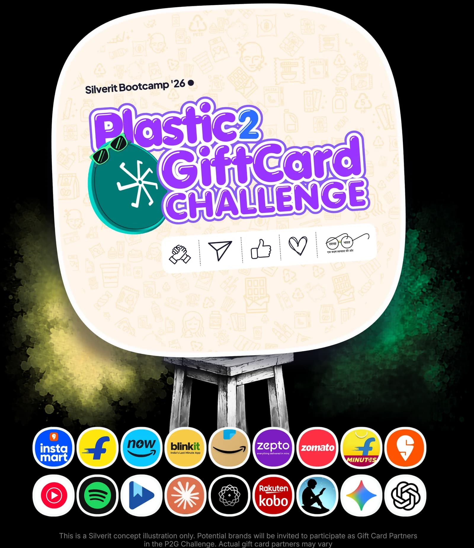 The Plastic2GiftCard Challenge logo on a stool, above the brands whose GiftCards students can collect, with a note that these are illustrative and not yet confirmed partners.
